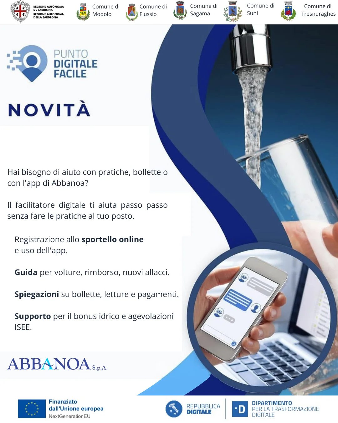 Allo Sportello digitale puoi chiedere aiuto per richiedere il Bonus idrico di Abbanoa.